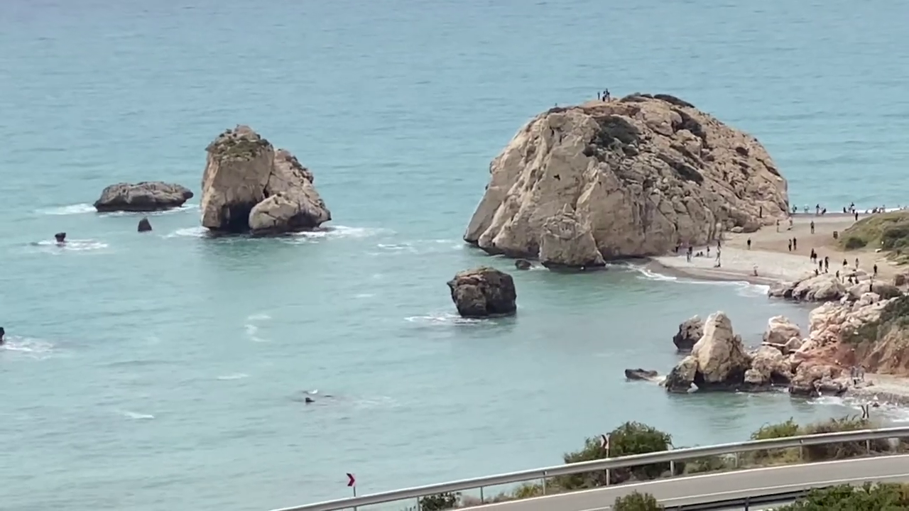 View of the Rock of Aphrodite, Paphos (Petra tou Romiou in Greek) from afar