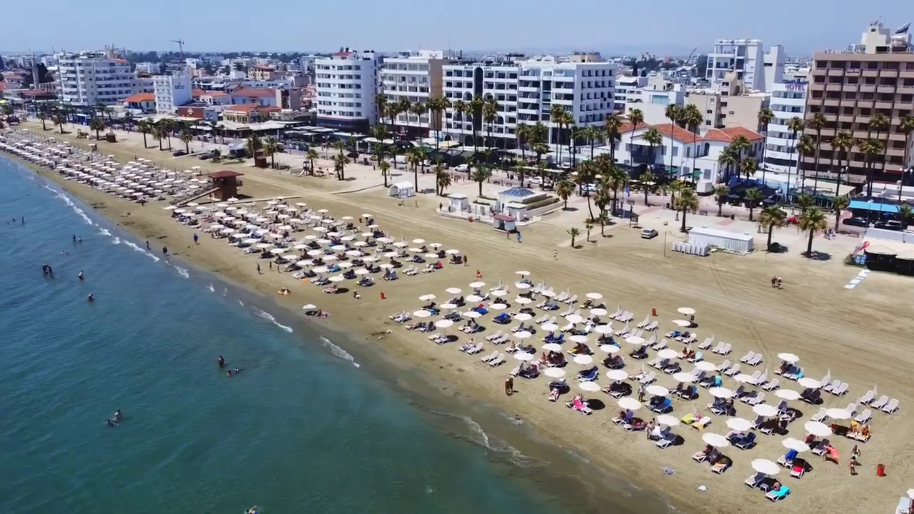 Finikoudes Beach with Sunbeds and Umbrellas, Larnaca