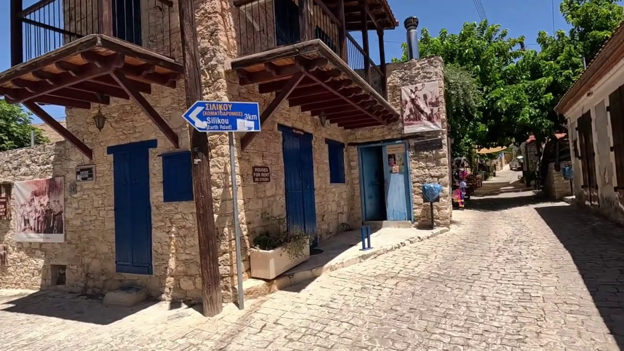 Traditional Stone-Built House with Wooden Balconies and Doors in Lofou (Cyprus)